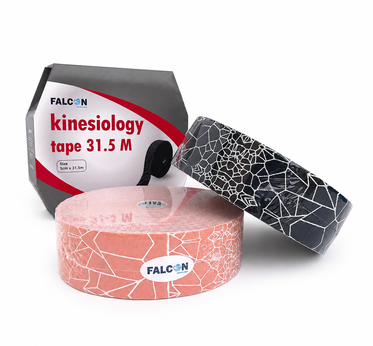 Two rolls of FALCON kinesiology tape with a white crackle pattern, one in pink and one in black, shown with their gray and white retail packaging on a white background.